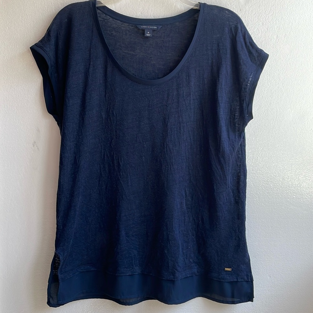 Tommy Hilfiger 100% linen scoop neck cap sleeve sheer edge tunic top size medium
